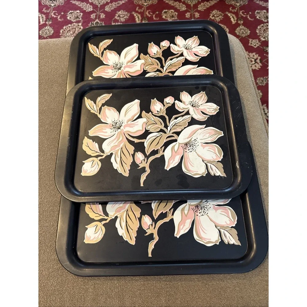Vintage Lap Tray Serving TV Black Metal Floral Set of 3 (TD)